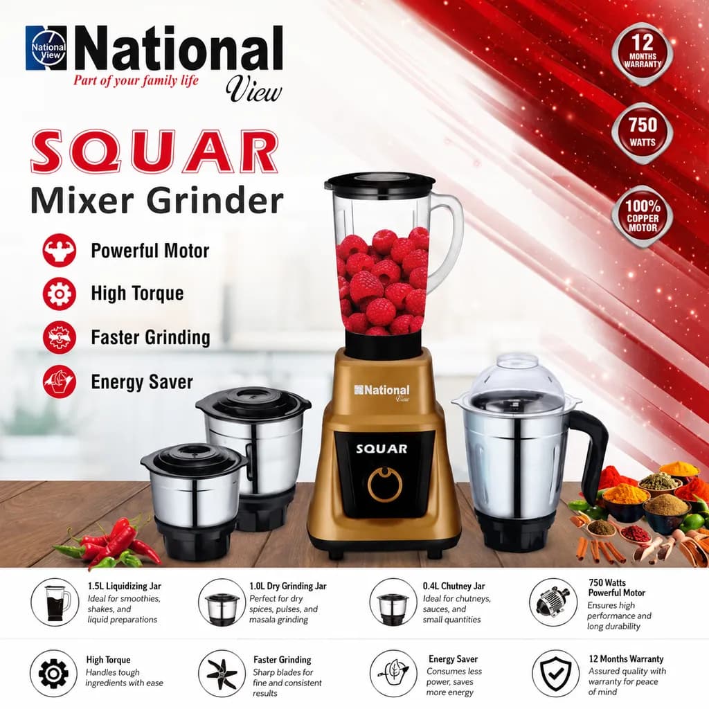 National View SQUAR 750W Multipurpose Mixer Grinder with 3 Stainless Steel Jars - Image 1