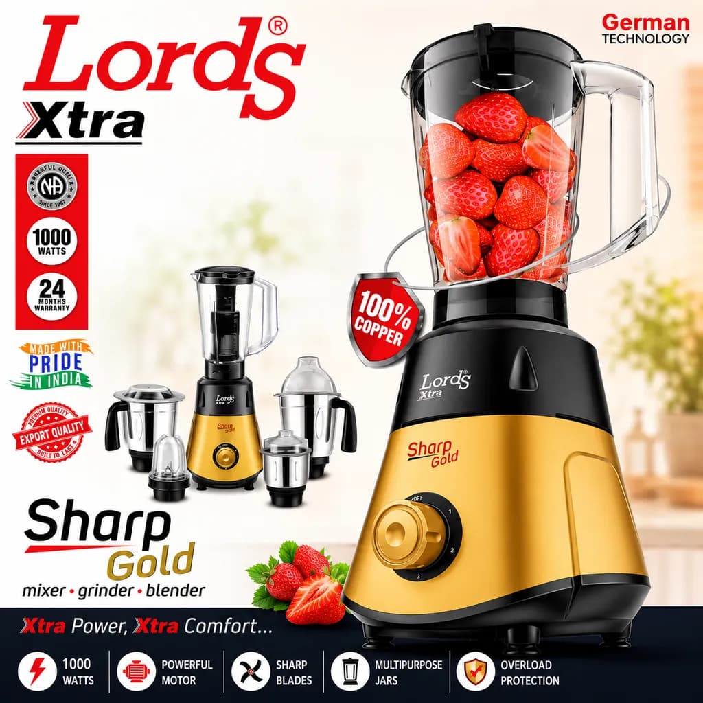 Lords Xtra Sharp Gold 1000W 5-in-1 Mixer Grinder Blender - Image 1