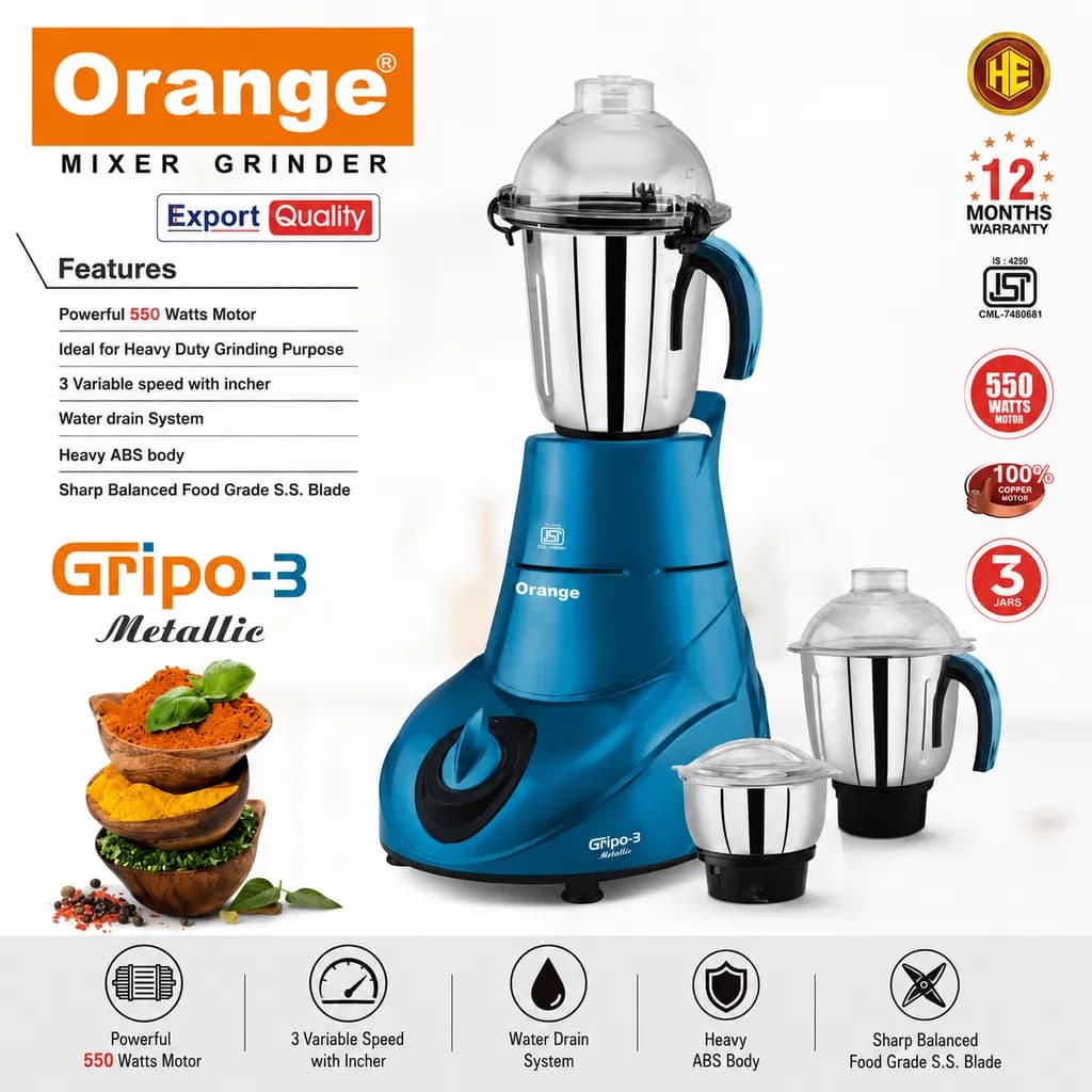 Orange Gripo-3 Metallic Mixer Grinder - Image 1